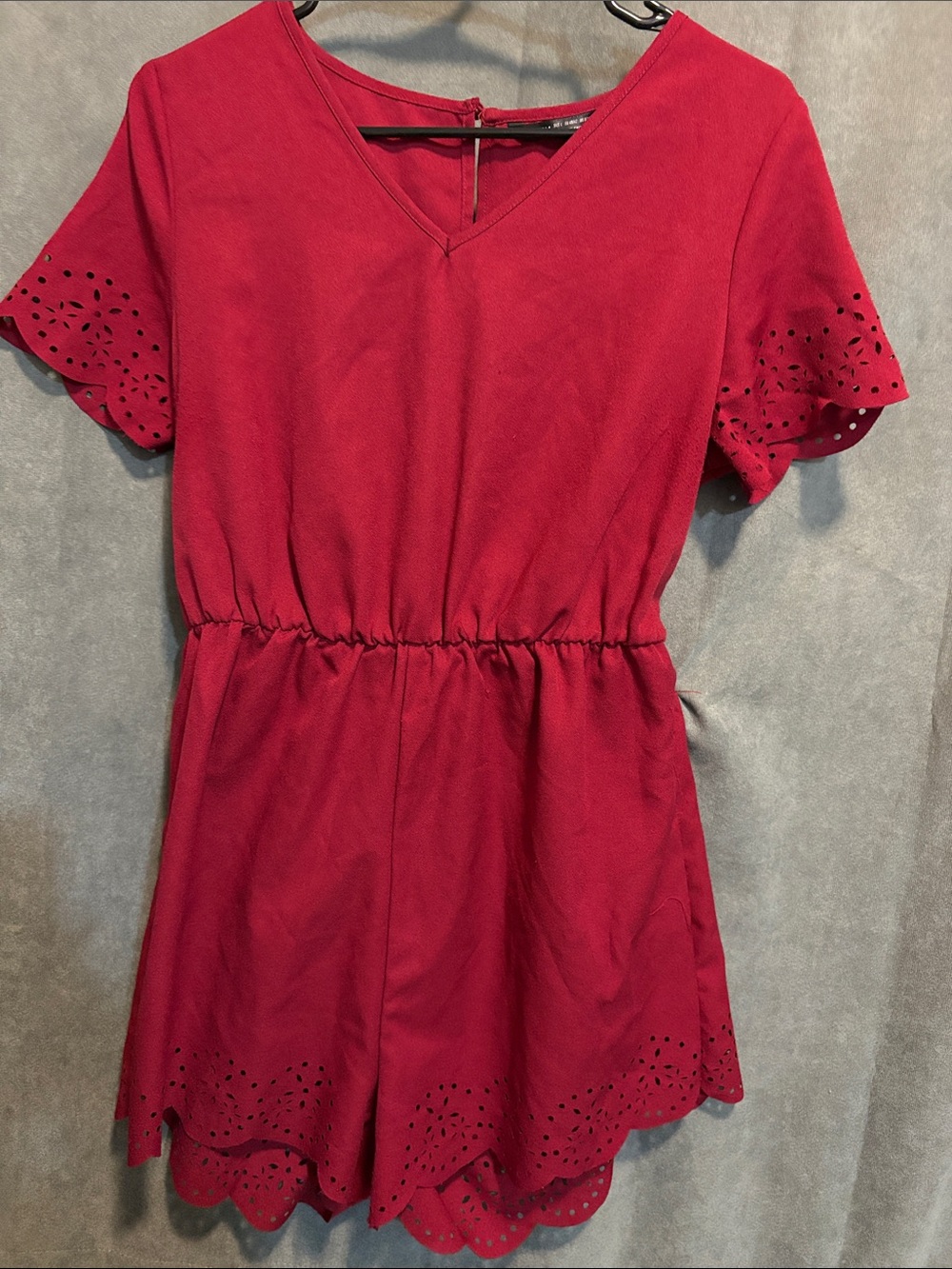 SHEIN Red Eyelet-Trim V-Neck Romper